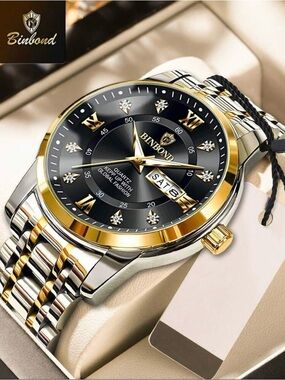 Binbond Two-Tone Gold & Silver Men’s Dress Watch with Black Dial